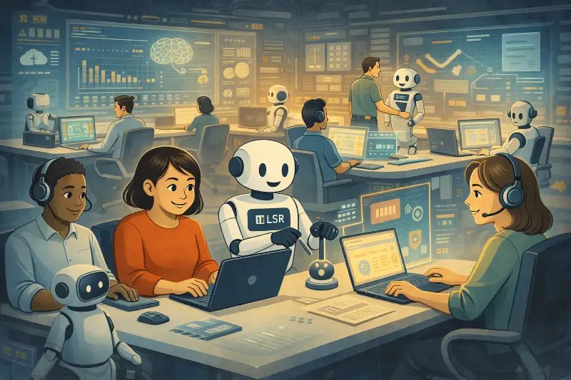 A futuristic office environment with employees working alongside AI tools, symbolizing the integration of AI in the workplace