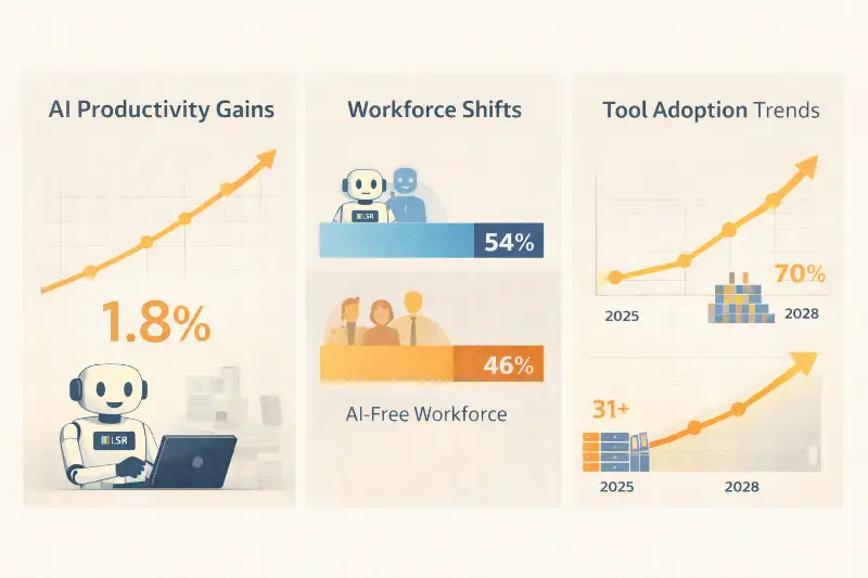 A chart showing AI productivity gains, workforce shifts, and tool adoption trends