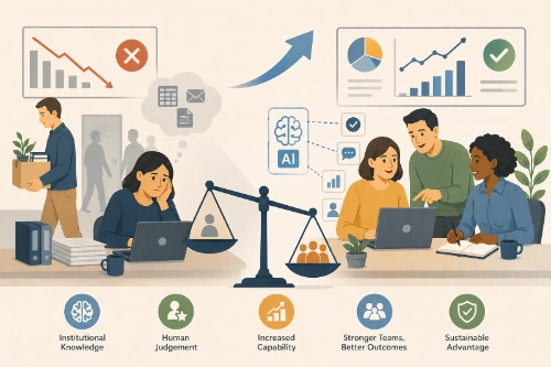 Organisations using AI to cut headcount are making a short-term trade with long-term consequences. The ones holding their teams together and investing in how those teams operate with AI are building something more durable.