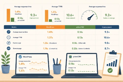 Un benchmark sur 15 pages équivalentes a montré que le nouveau site ATKDA sur primeCRM livrait le HTML 9,3 fois plus vite en moyenne que l'ancien site WordPress, avec un traitement côté serveur 10,6 fois plus rapide.