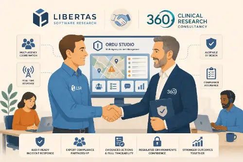 Libertas Software Research has partnered with 360 Clinical Research Consultancy, bringing independent audit and compliance expertise into how ORDU Studio, LSR's multi-agency incident management platform, is designed, evidenced, and operated. Libertas Software Research has partnered with 360 Clinical Research Consultancy, bringing independent audit and compliance expertise into how ORDU Studio, LSR's multi-agency incident management platform, is designed, evidenced, and operated.